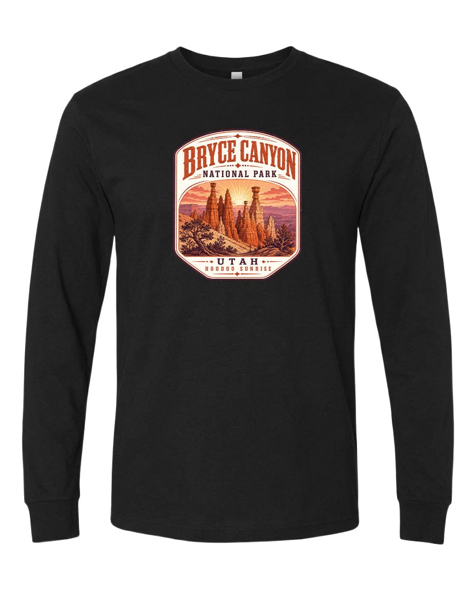 A black long-sleeve t-shirt with a graphic design depicting Bryce Canyon National Park in Utah.