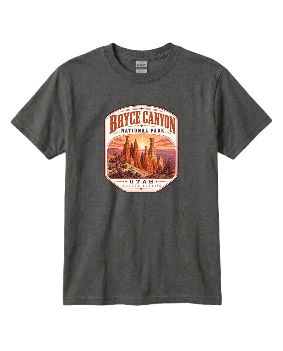 A gray t-shirt with a graphic design depicting the Bryce Canyon National Park in Utah.