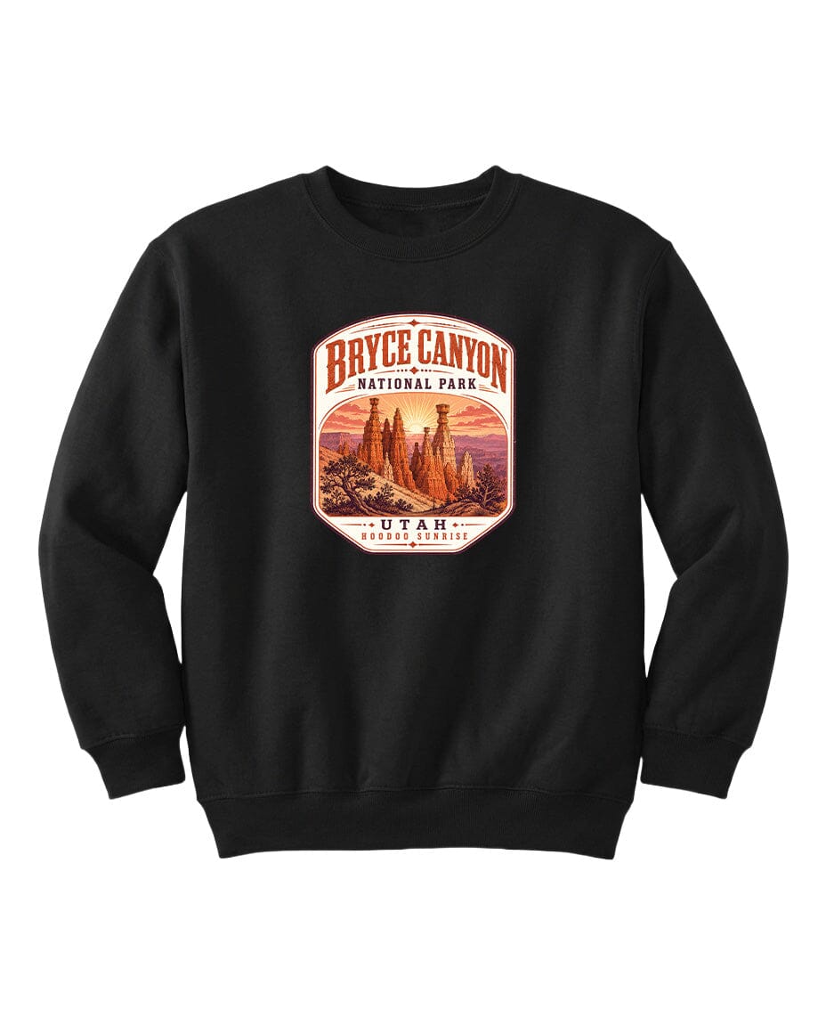 A black sweatshirt with a graphic design depicting Bryce Canyon National Park and Utah.