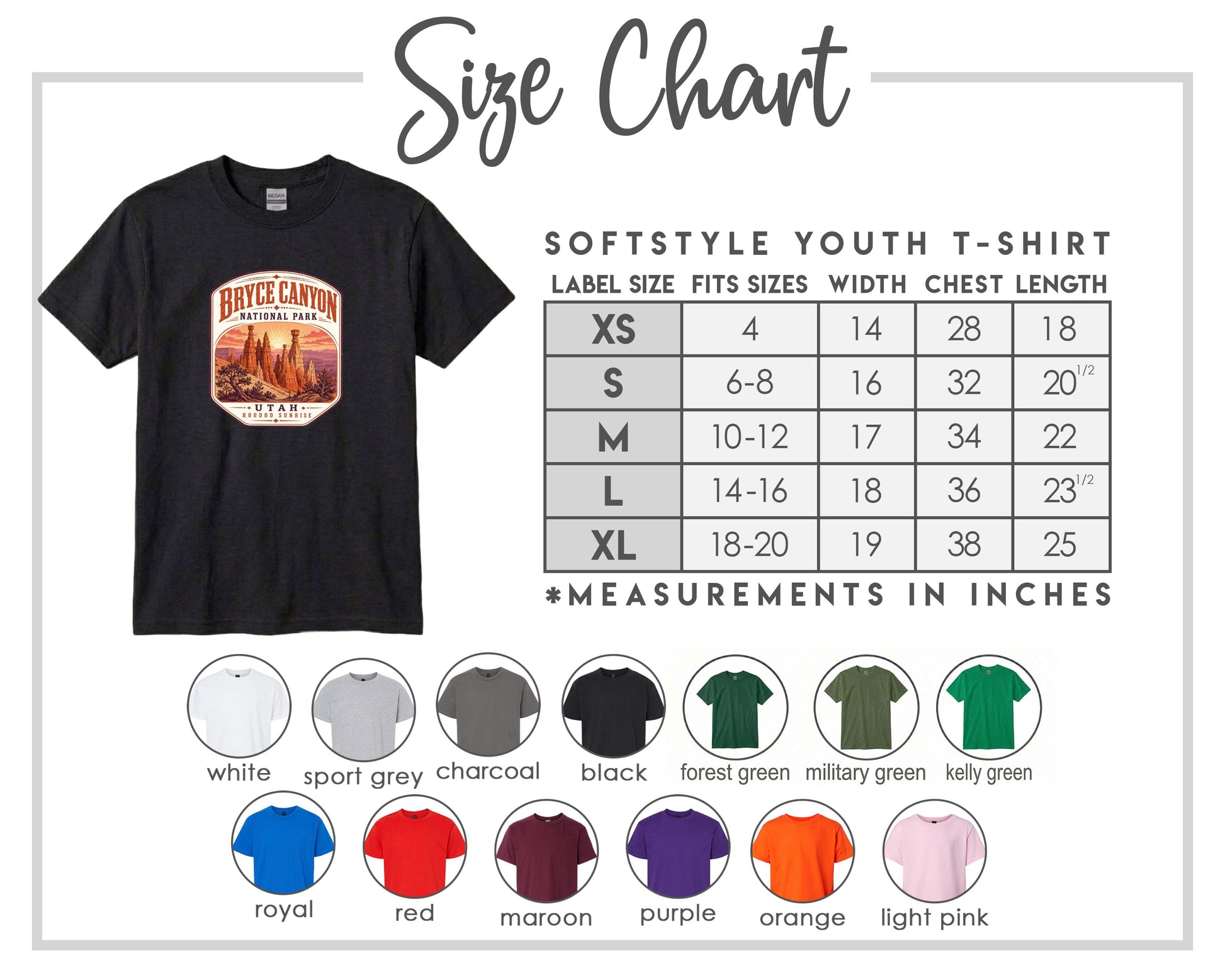 The image is a size chart for a softstyle youth t-shirt, providing measurements for different sizes and corresponding t-shirt colors.