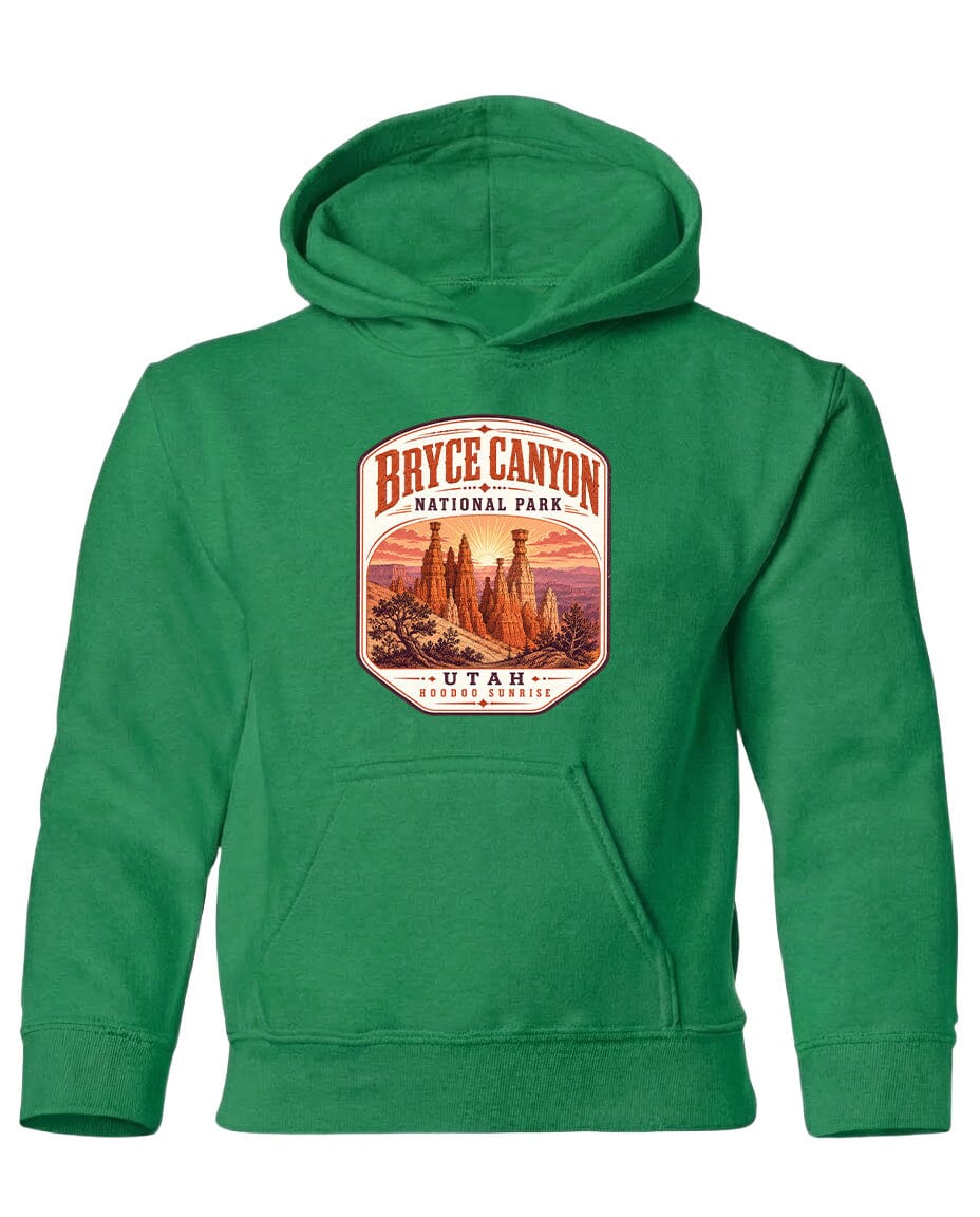 A green hoodie with a graphic of Bryce Canyon National Park and the text "UTAH HOBBORN SUNSHINE" printed on it.