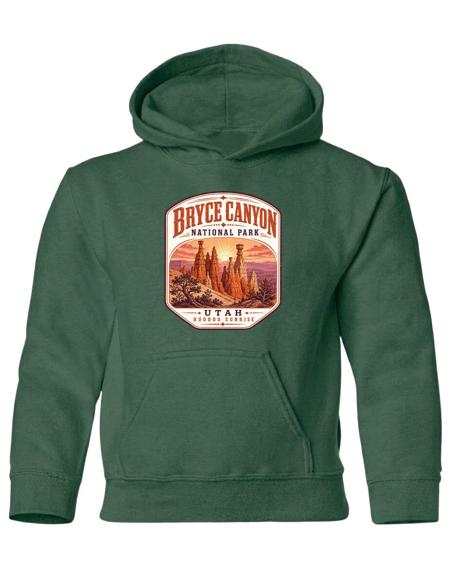 A green hoodie with a graphic design depicting the Bryce Canyon National Park in Utah.