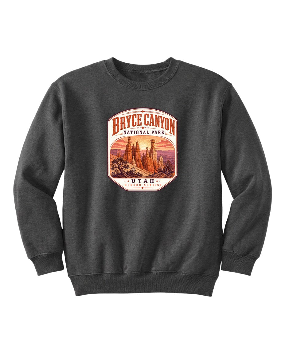 A gray sweatshirt with a graphic design depicting Bryce Canyon National Park and Utah.