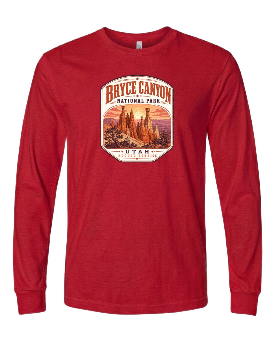 A red long-sleeved t-shirt with a graphic design depicting the Bryce Canyon National Park in Utah.
