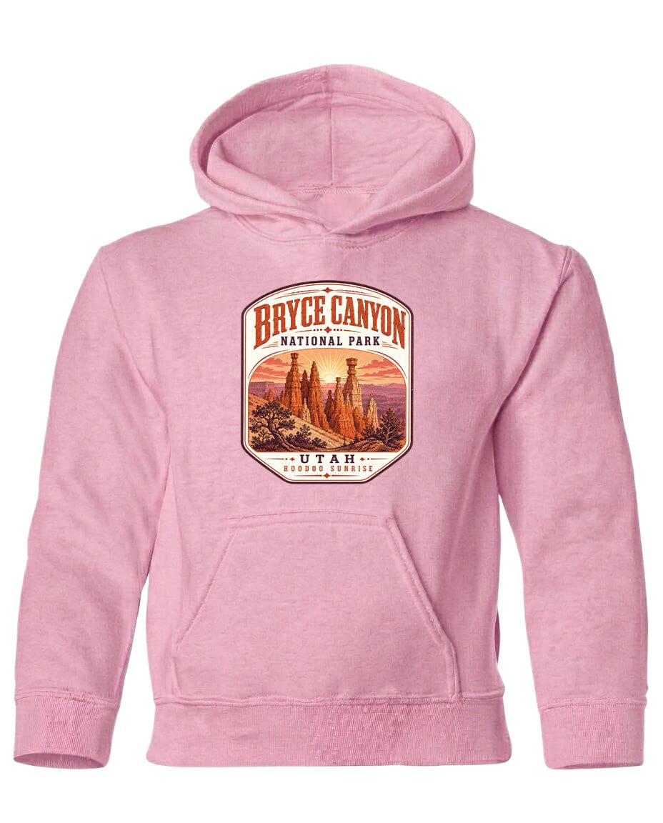 A pink hoodie with a graphic of Bryce Canyon National Park and the text "UTAH HOOKSHINE" printed on it.