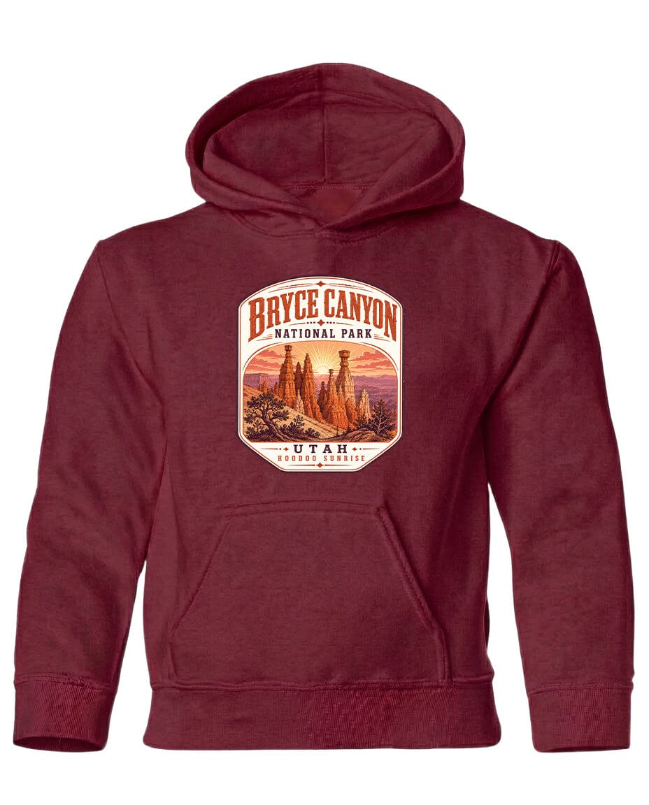 A burgundy-colored hooded sweatshirt with a graphic design depicting Bryce Canyon National Park and Utah on the front.