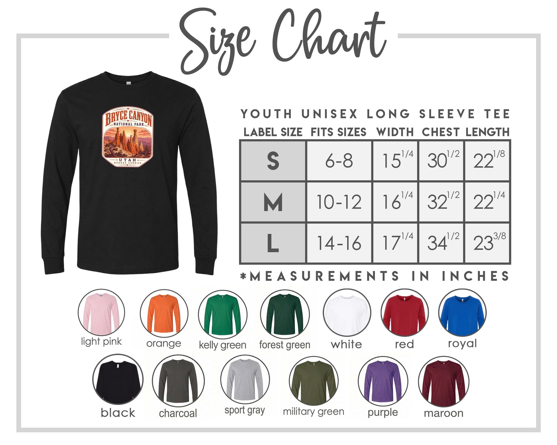 The image is a size chart for a youth unisex long sleeve tee. It includes a black t-shirt with a graphic design and a table with size measurements for different age groups.