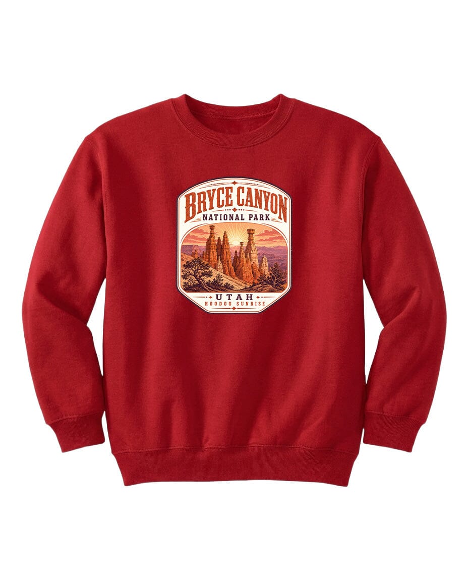 A red sweatshirt with a graphic design depicting Bryce Canyon National Park and Utah.