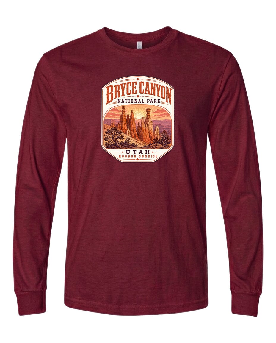 A long-sleeved burgundy-colored t-shirt with a graphic design depicting the Bryce Canyon National Park in Utah.