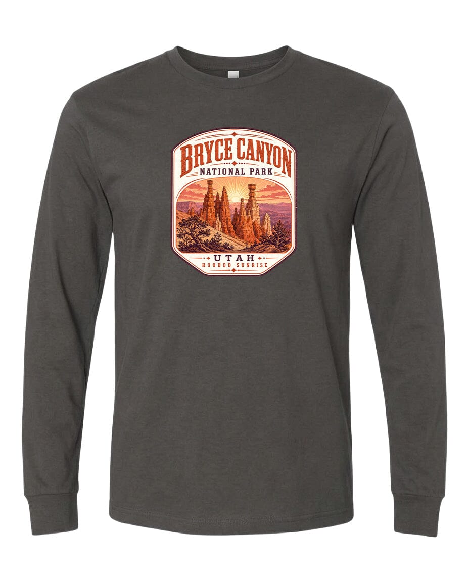 A gray long-sleeved t-shirt with a graphic design depicting the Bryce Canyon National Park in Utah.