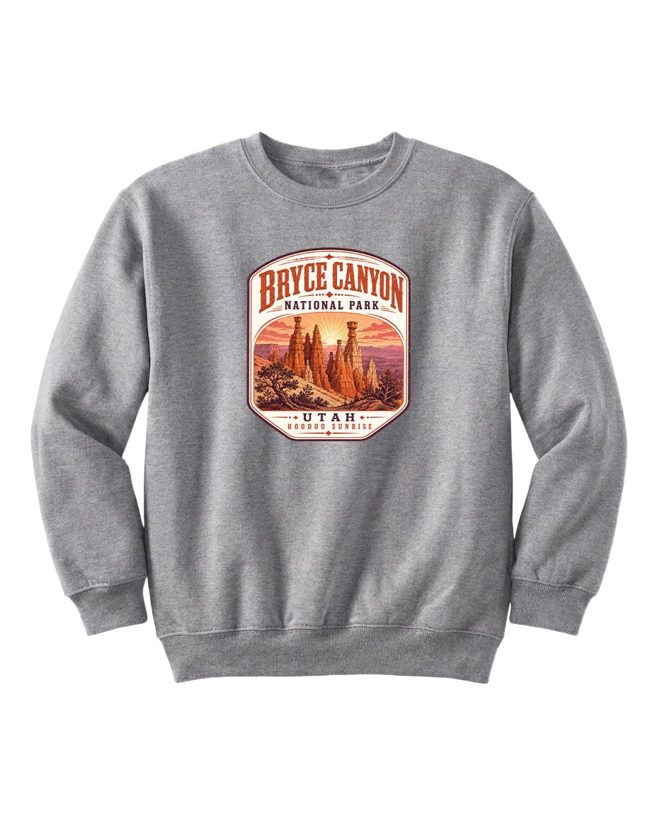A gray sweatshirt with a graphic design depicting the Bryce Canyon National Park in Utah.