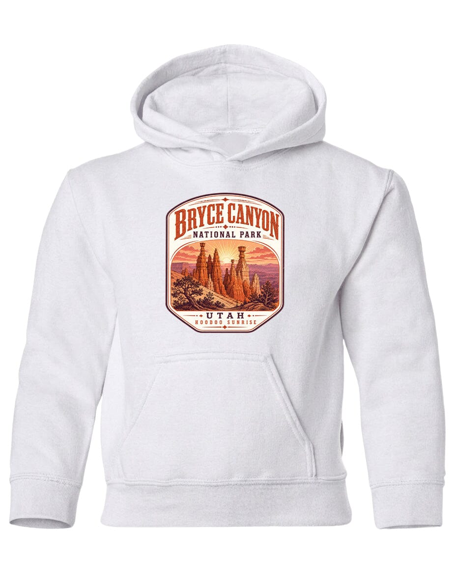 A white hoodie with a graphic design depicting the Bryce Canyon National Park in Utah.