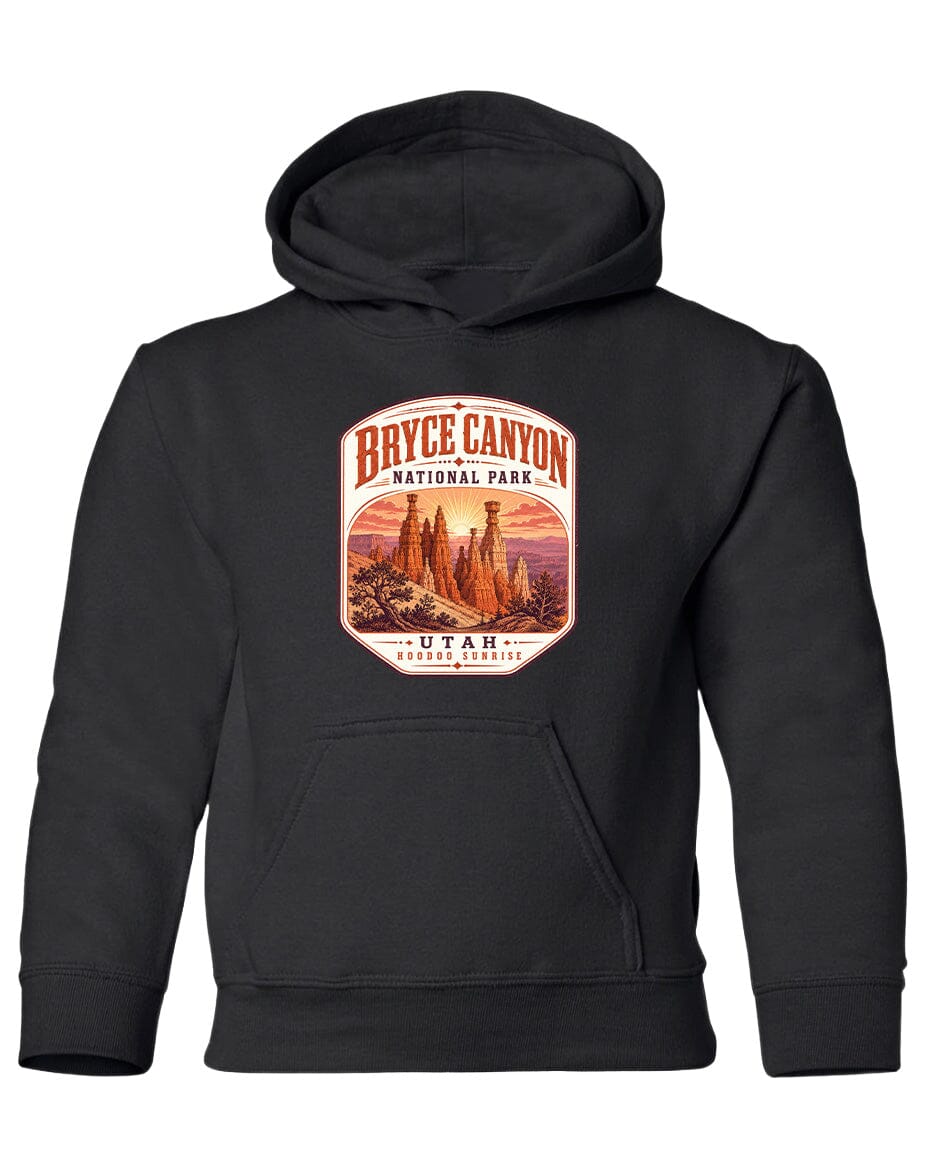 A black hoodie with a graphic design depicting Bryce Canyon National Park and Utah.