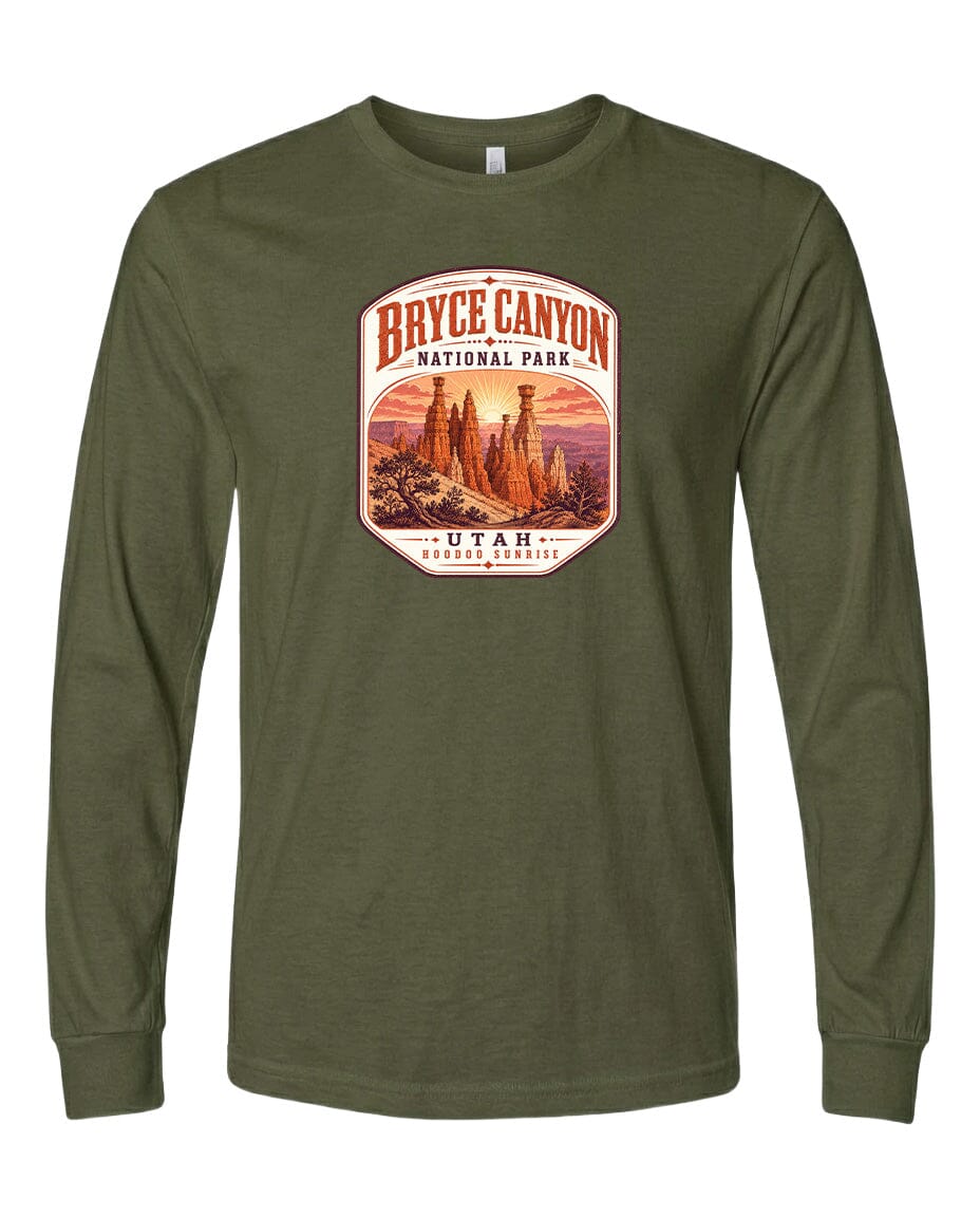 A long-sleeved green t-shirt with a graphic design depicting Bryce Canyon National Park in Utah.