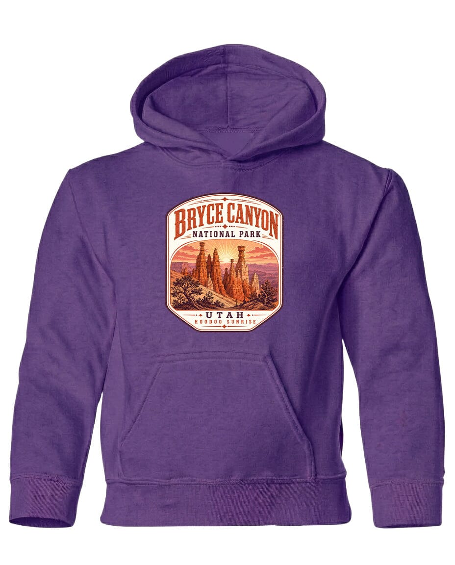 A purple hoodie with a graphic design depicting Bryce Canyon National Park and Utah.