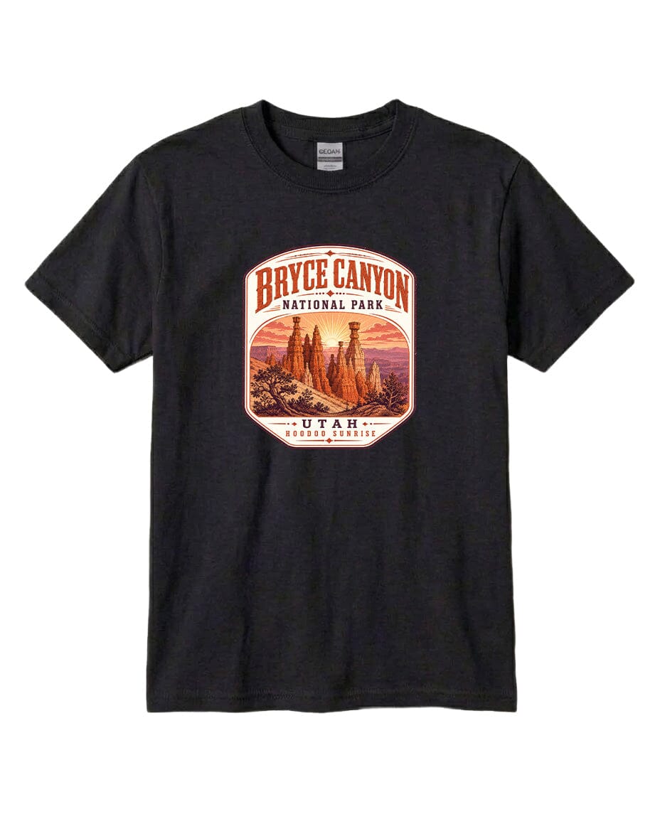 A black t-shirt with a graphic design depicting the Bryce Canyon National Park in Utah.