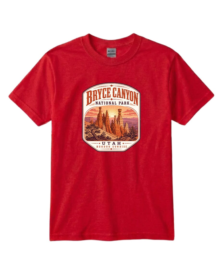 A red t-shirt with a graphic design depicting the Bryce Canyon National Park in Utah.