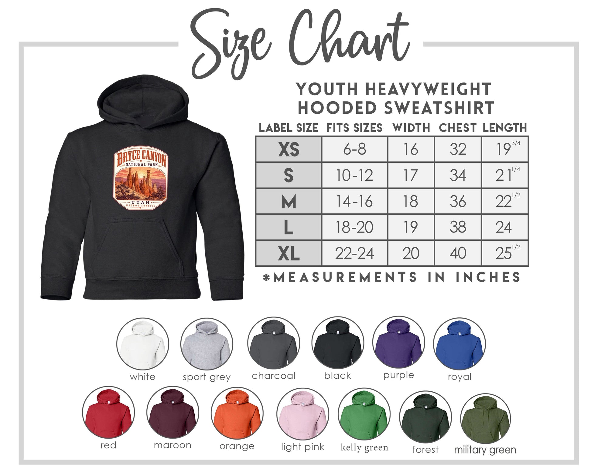 The image is a size chart for a youth heavyweight hooded sweatshirt, including various color options and corresponding measurements.