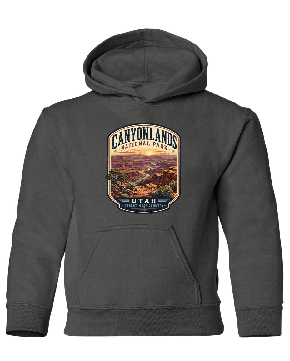 A gray hooded sweatshirt with a graphic design depicting the scenic landscape of Canyonlands National Park in Utah.