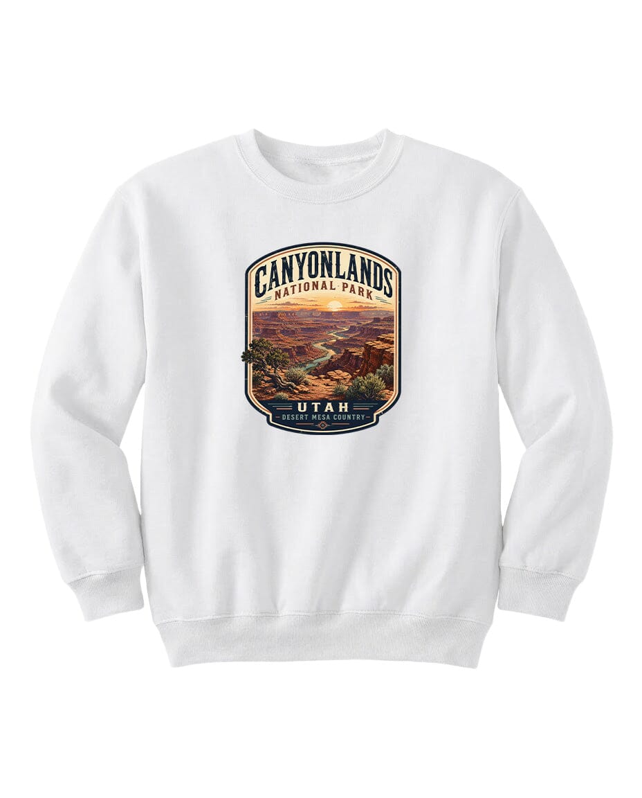 A white sweatshirt with a graphic design depicting the scenic landscape of Canyonlands National Park in Utah.