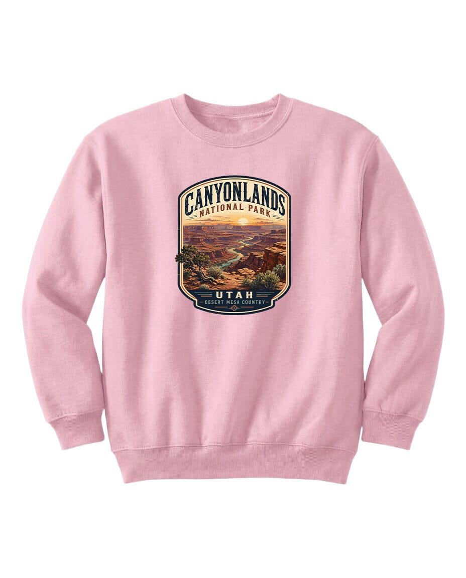 A pink sweatshirt with a graphic design depicting the scenic landscape of Canyonlands National Park in Utah.