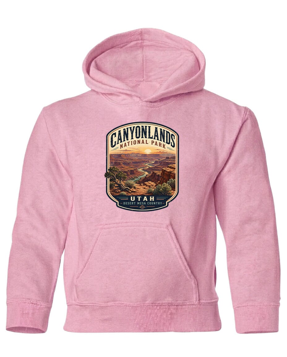 A pink hoodie with a graphic design depicting the Canyonlands National Park in Utah.