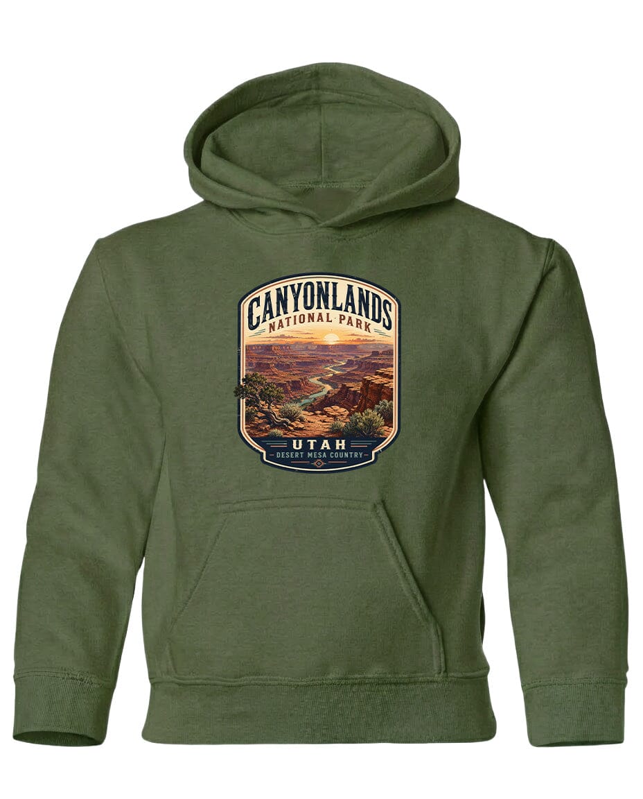 A green hoodie with a graphic design depicting the Canyonlands National Park in Utah.