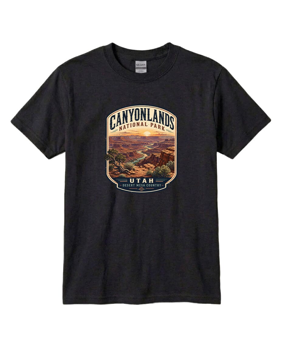 A black t-shirt with a graphic design depicting a scenic landscape of the Canyons National Park in Utah.