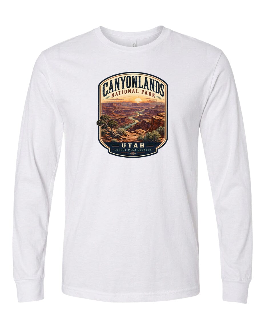 A white long-sleeved t-shirt with a graphic design depicting the scenic landscape of Canyonlands National Park in Utah.