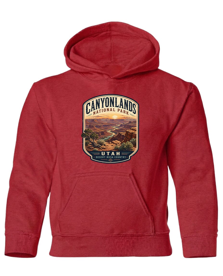A red hoodie with a graphic design depicting the Canyonlands National Park in Utah.