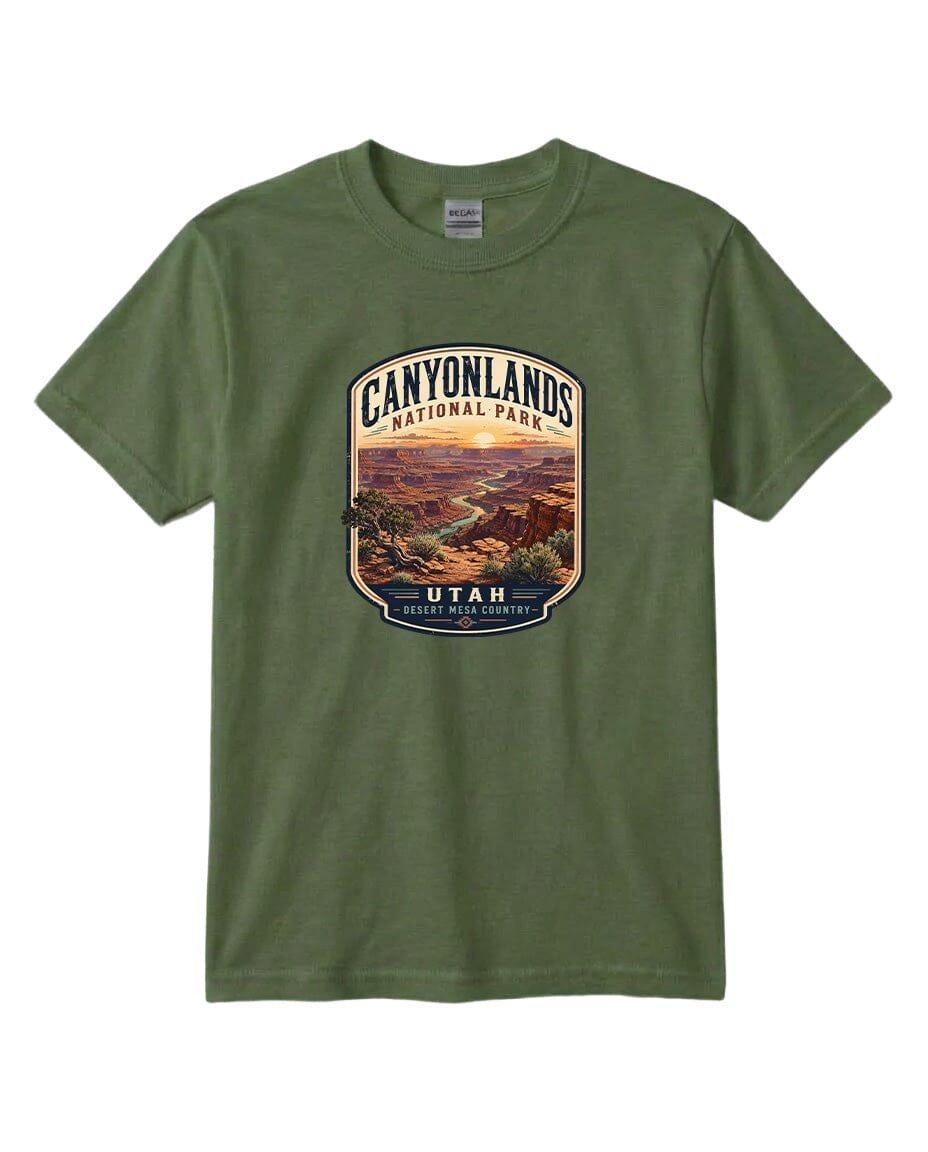 A green t-shirt with a graphic design depicting a scenic landscape, specifically the Canyonlands National Park in Utah.