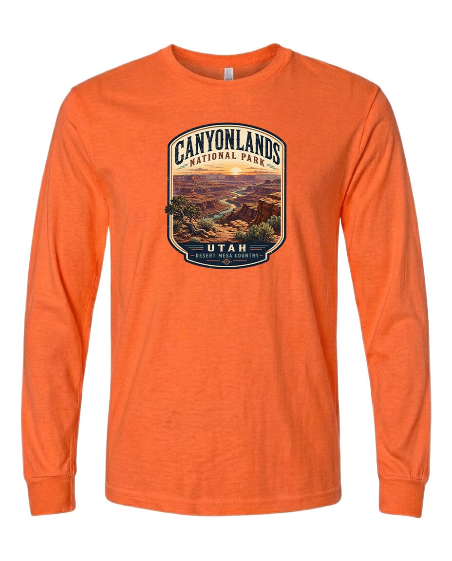 The image is a graphic design featuring a scenic landscape with mountains and a river, representing the Canyonlands National Park in Utah.