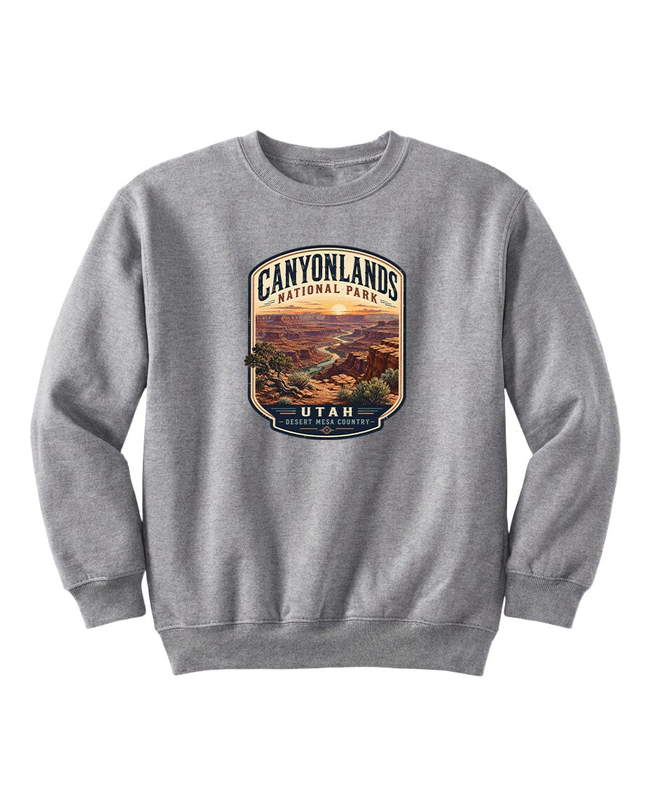 A gray sweatshirt with a graphic design depicting the scenic landscape of Canyonlands National Park in Utah.