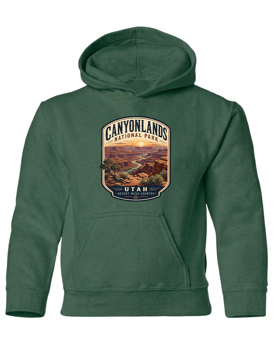 A green hoodie with a graphic design depicting the Canyonlands National Park in Utah.