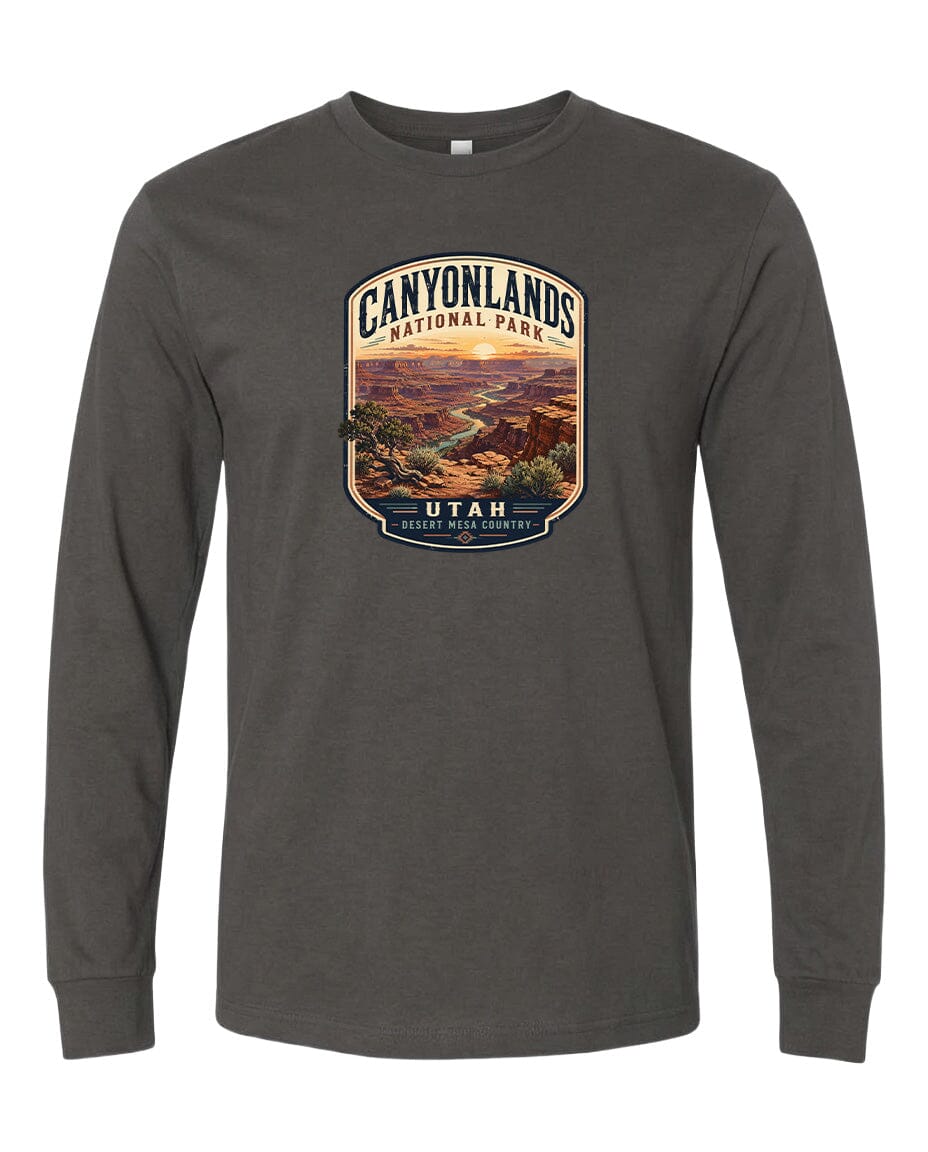 a graphic design of a scenic landscape with mountains and a river, representing the Canyons National Park in Utah.