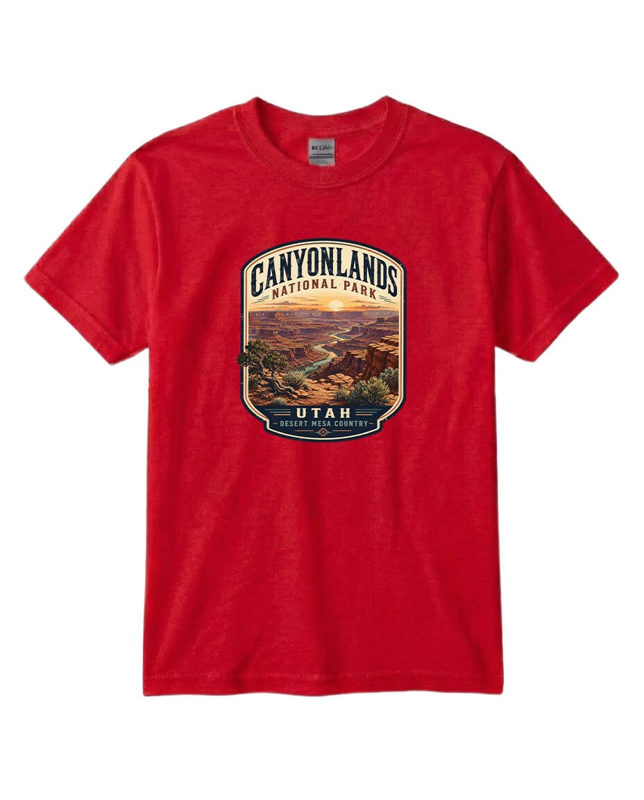A red t-shirt with a graphic design depicting a scenic landscape, specifically the Canyonlands National Park in Utah.