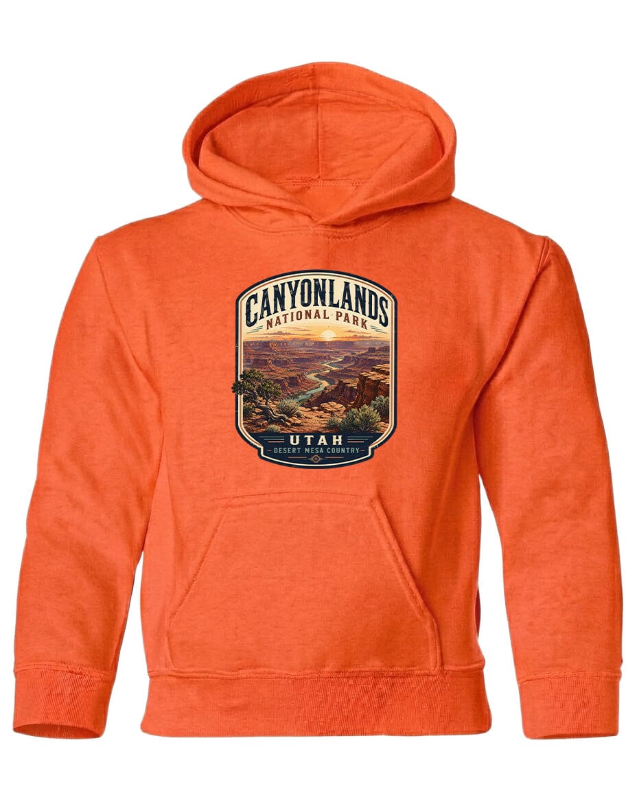 An orange hoodie with a graphic design depicting the Canyonlands National Park in Utah.