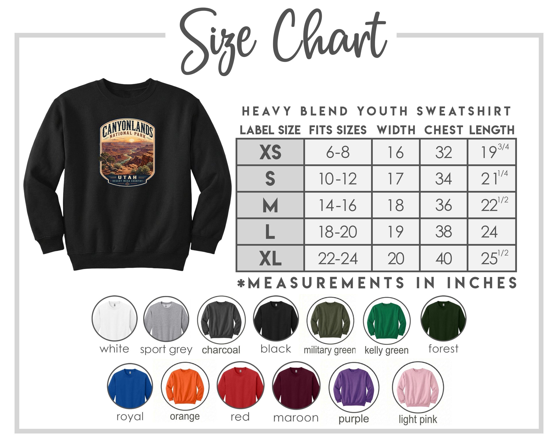 The image is a size chart for a heavy blend youth sweatshirt, including various color options and corresponding measurements in inches.