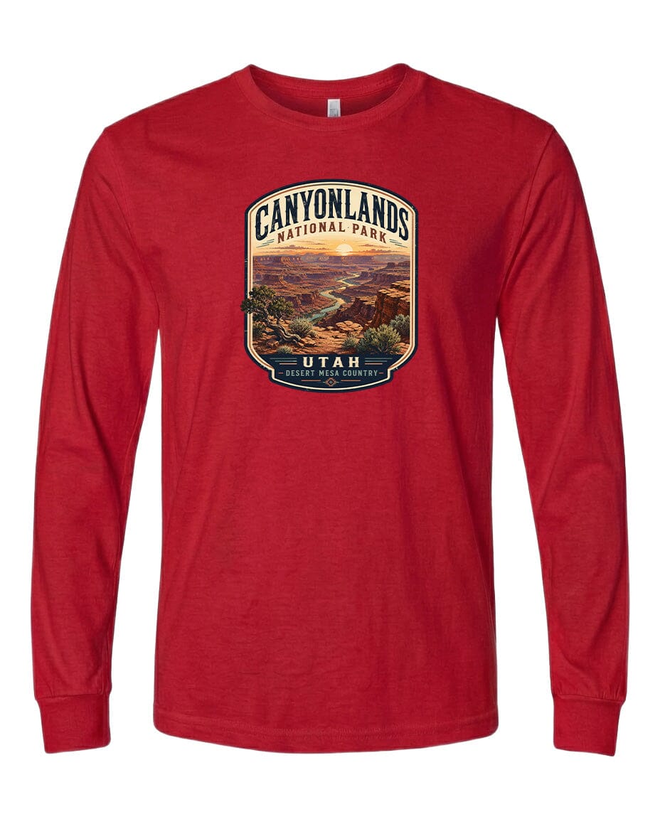 A red long-sleeved t-shirt with a graphic design depicting the scenic landscape of Canyonlands National Park in Utah.