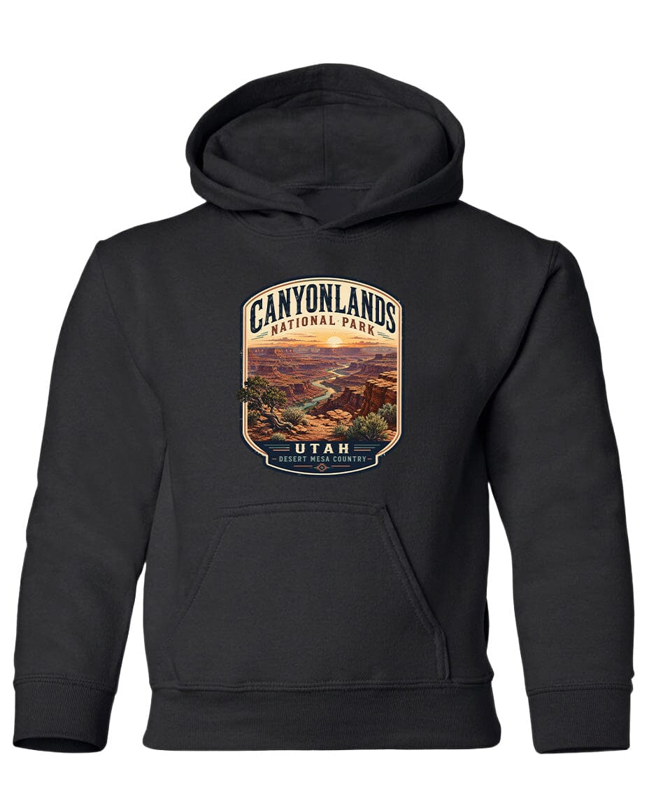 A black hoodie with a graphic design depicting the Canyonlands National Park in Utah.