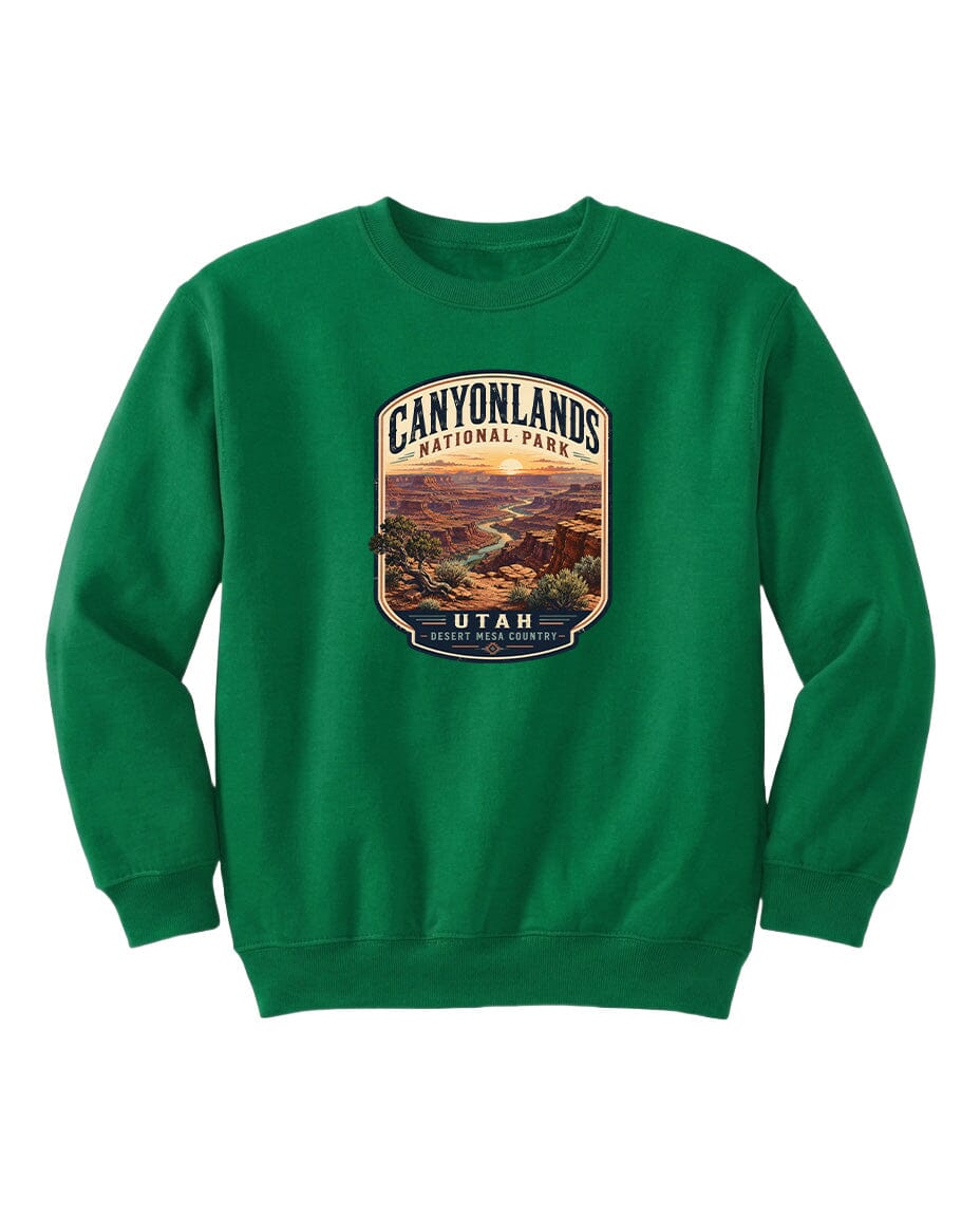 A green sweatshirt with a graphic design depicting the scenic landscape of Canyonlands National Park in Utah.