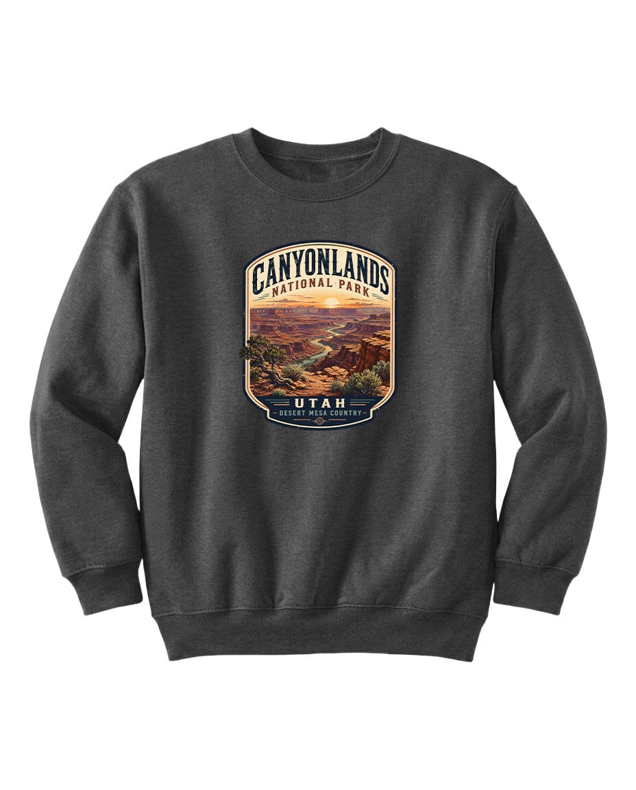 A gray sweatshirt with a graphic design depicting the scenic landscape of Canyonlands National Park in Utah.