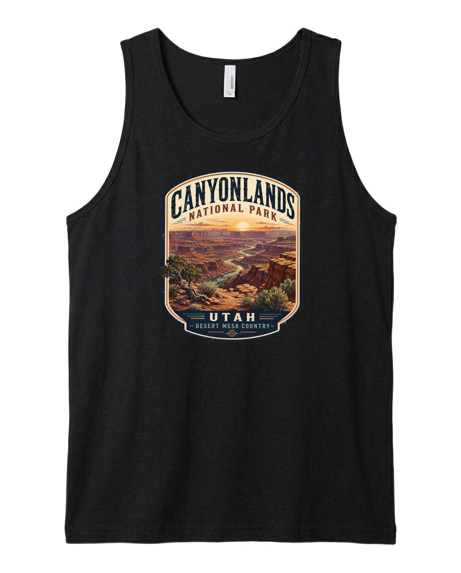 A black tank top with a graphic design depicting the Canyonlands National Park in Utah, USA.