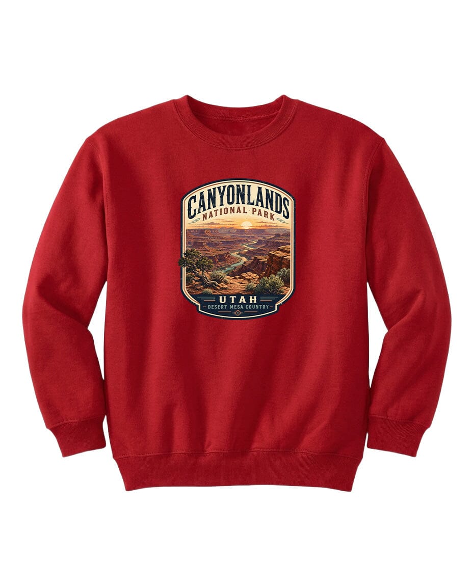 A red sweatshirt with a graphic design depicting the scenic landscape of Canyonlands National Park in Utah.