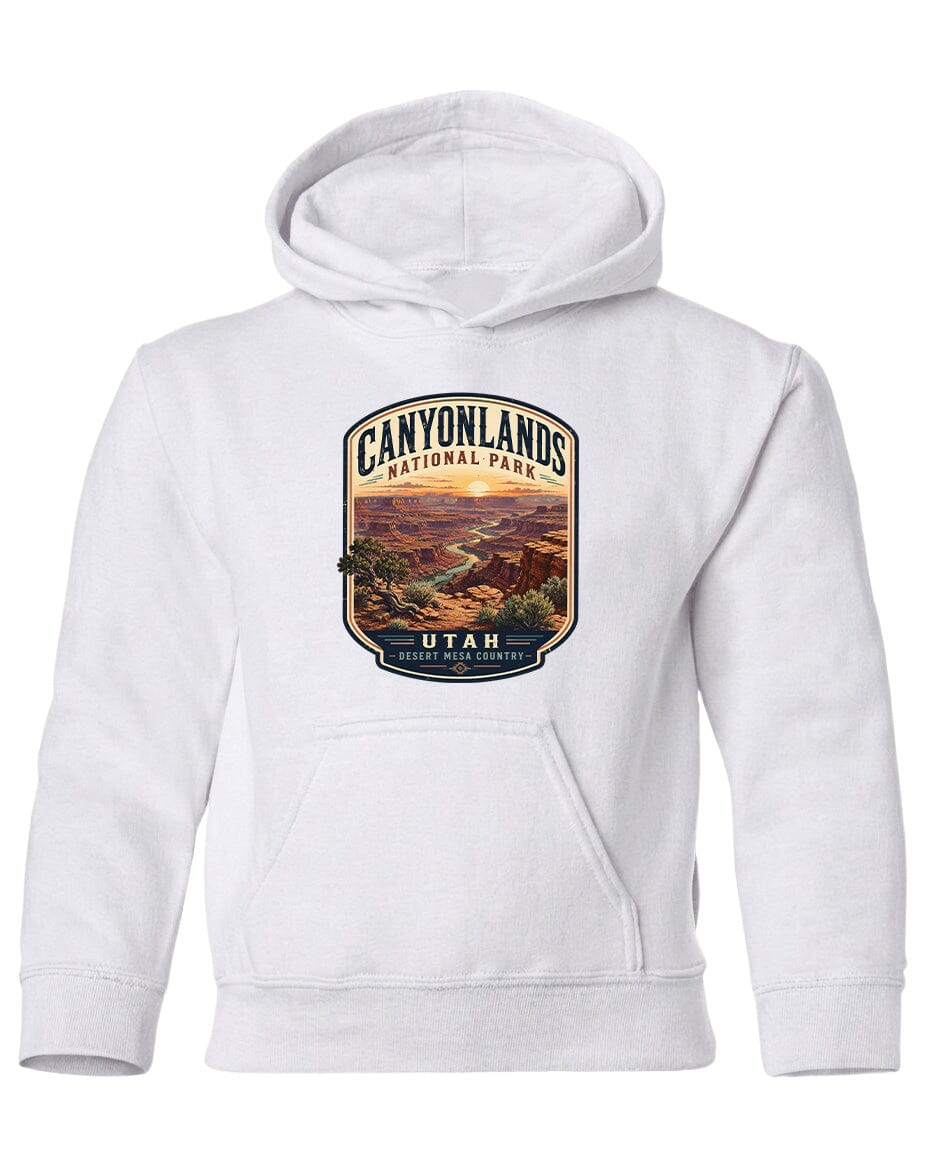 A white hoodie with a graphic design depicting the scenic landscape of Canyonlands National Park in Utah.