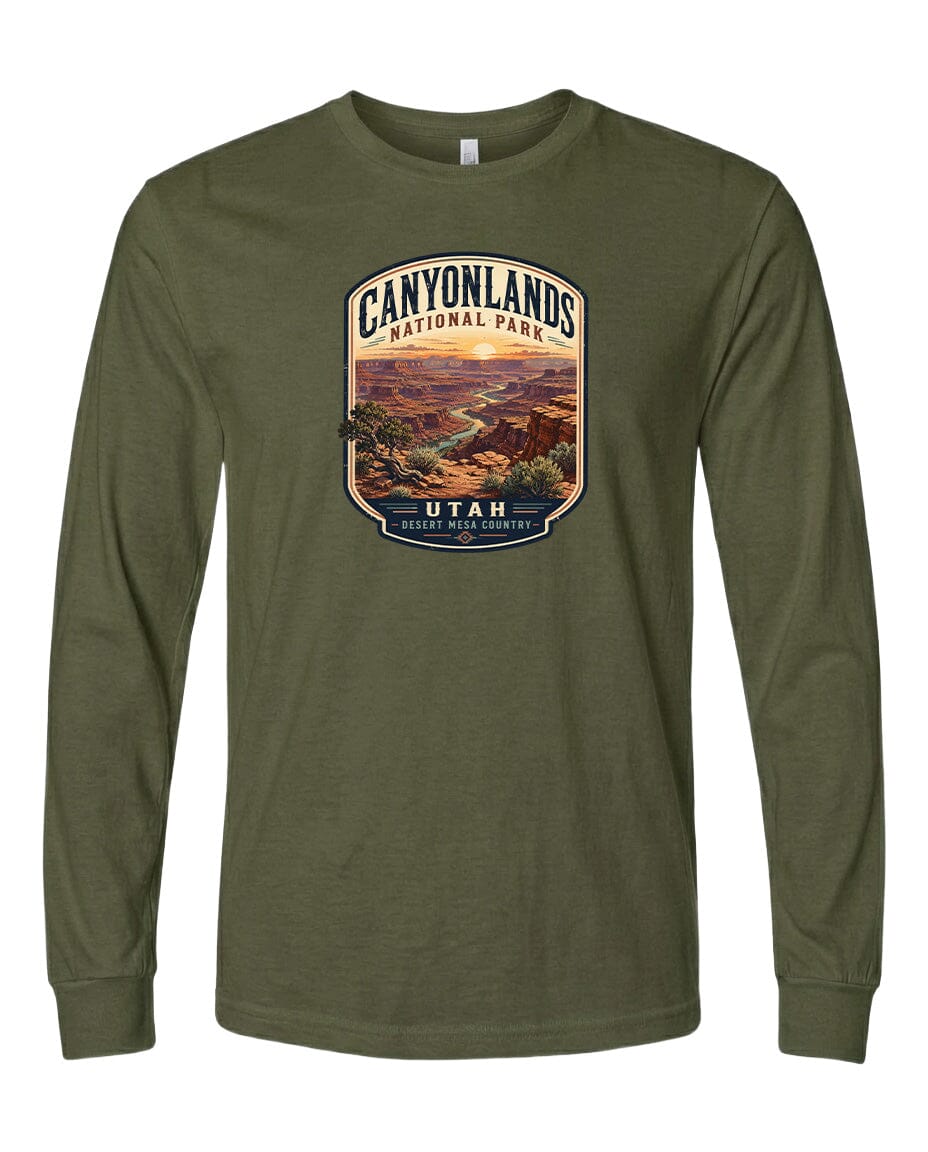 A long-sleeved olive green t-shirt with a graphic design depicting a scenic landscape of the Canyons National Park in Utah.