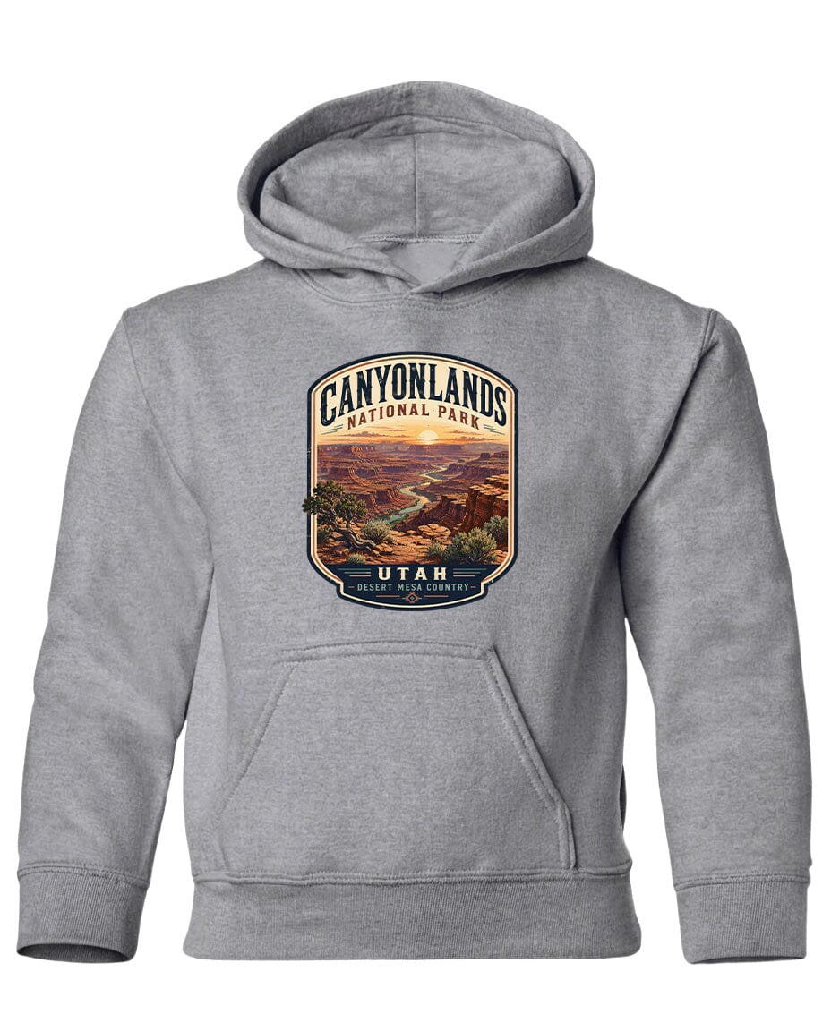 A gray hooded sweatshirt with a graphic design depicting the Canyonlands National Park in Utah.