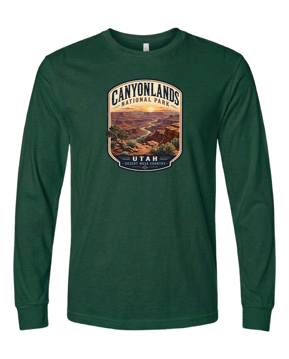 A long-sleeved green t-shirt with a graphic design depicting the scenic landscape of Canyonlands National Park in Utah.