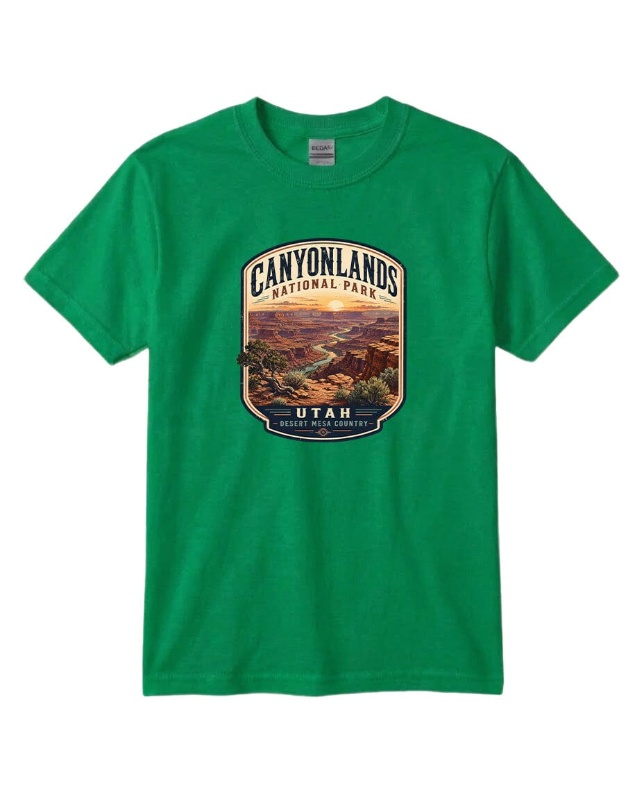 A green t-shirt with a graphic design depicting a scenic landscape, specifically the Canyonlands National Park in Utah.