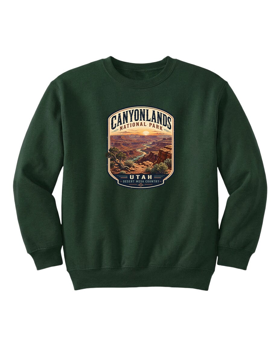 A green sweatshirt with a graphic design depicting the scenic landscape of Canyonlands National Park in Utah.